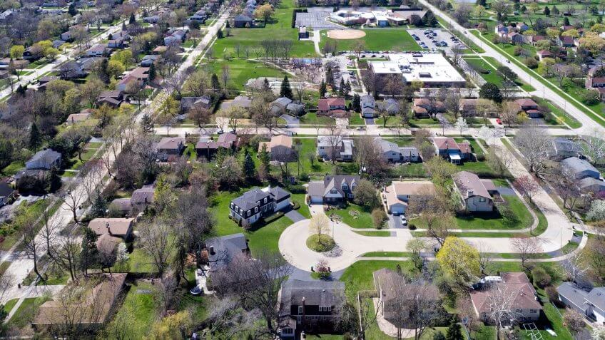 Aerial view of a neighborhood in the suburban Chicago area with homes
