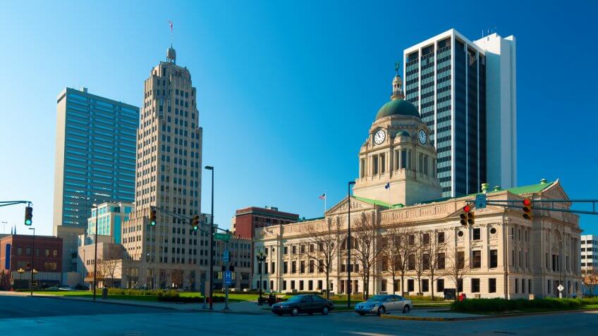 Downtown Fort Wayne, Indiana Skyline, including Allen County Courthouse.