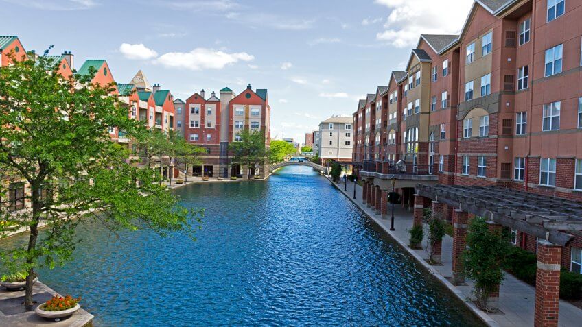 Beautiful architecture in downtown Indianapolis, Indiana, along the central canal.