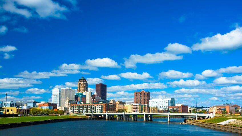 Downtown Des Moines skyline and Martin Luther King Jr.