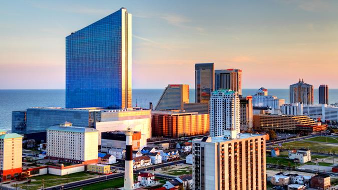 Atlantic City -- New Jersey Atlantic City skyline including the Revel casino at dawn.
