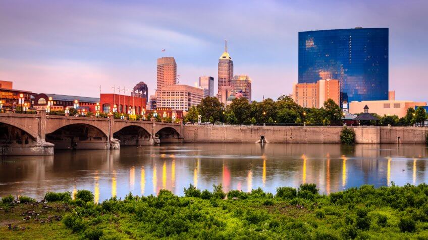 Beautiful view of Indianapolis skyline and the White River at sunset.