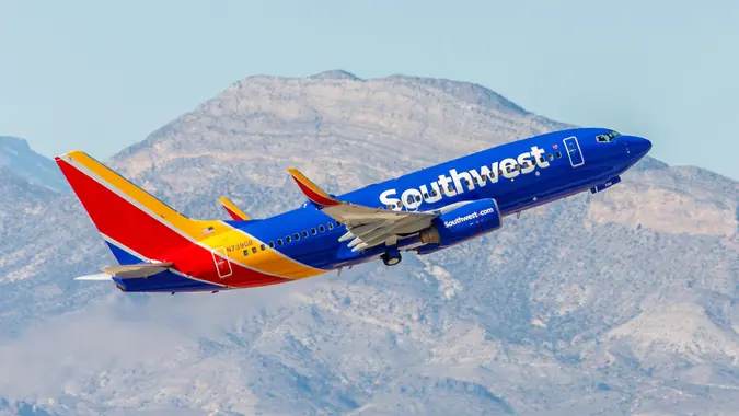 Las Vegas, NV, USA- November 3, 2014: Boeing 737 Southwest Airlines takes off from McCarran International Airport in Las Vegas, NV on November 3, 2014.