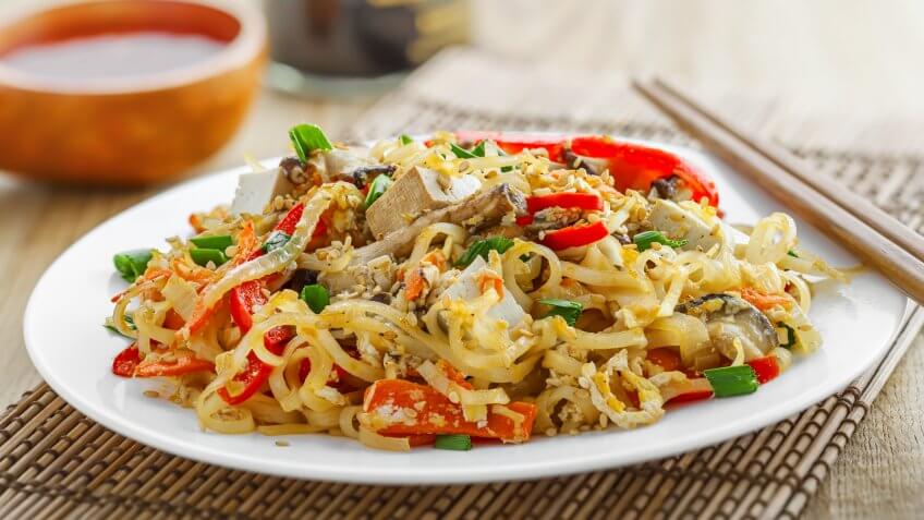 rice noodles, tofu, vegetables and shiitake mushrooms