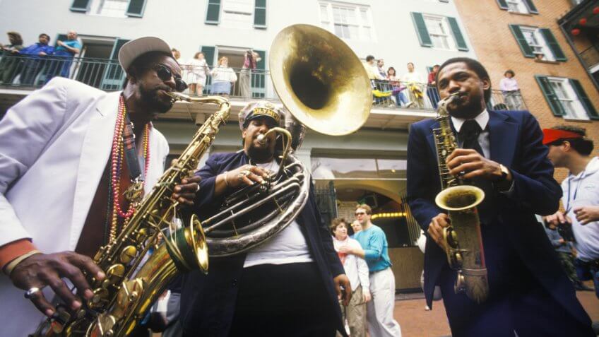 Jazz musicians performing on the French Quarter, New Orleans at Mardis Gras, LA.