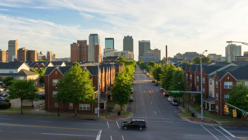 The shadows are long early evening in Birmingham in this urban panoramic.