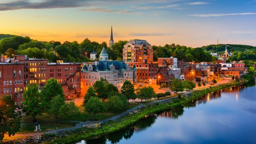 Augusta, Maine, USA downtown skyline on the Kennebec River.