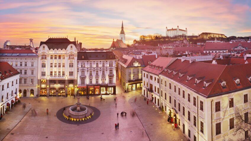 Panoramic view of Bratislava with sunset.