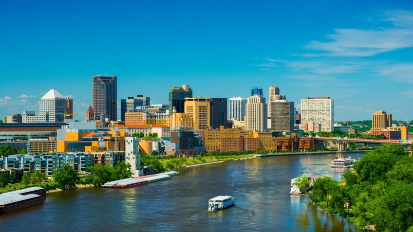 Saint Paul downtown skyline with the Mississippi River in the foreground.