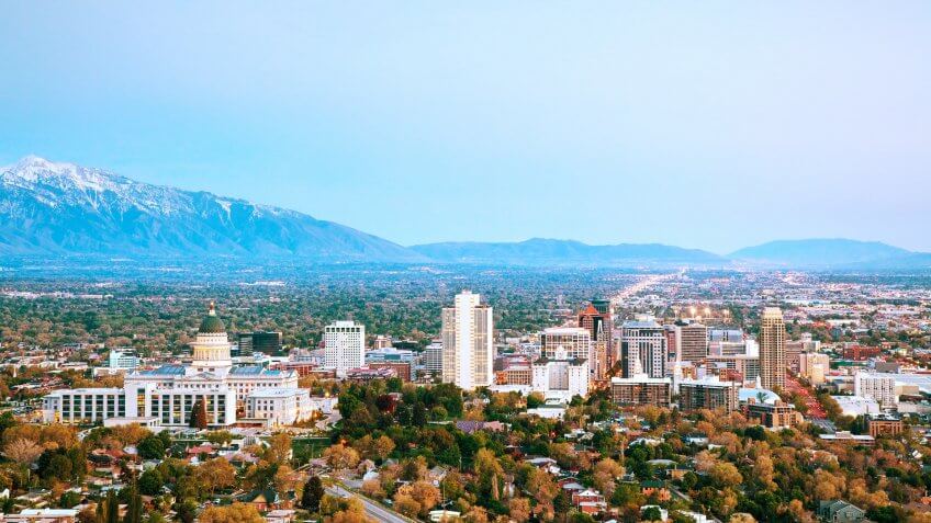 Salt Lake City panoramic overview in the morning.