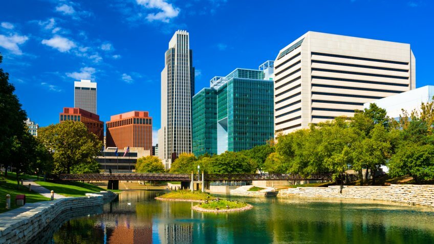 Downtown Omaha skyline with the Gene Leahy Mall in the foreground