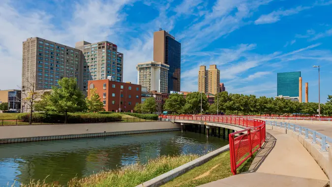 Toledo Ohio with Maumee River in spring