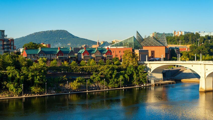 Downtown Chattanooga, Tennessee, with Lookout Mountain rising in the distance.