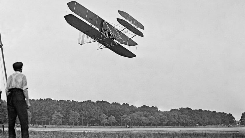 Wright's airplane in Army trial flights at Fort Meyer Virginia in July 1909.
