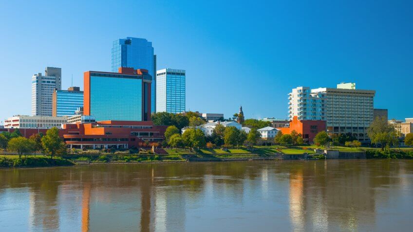 Little Rock's downtown skyline with the Arkansas River in the foreground.