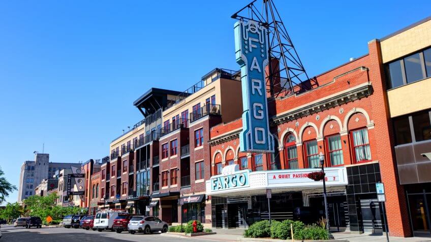 Fargo, North Dakota, USA - June 12, 2017: Daytime view of the Fargo Theatre along Broadway N in the Downtown Historic District.