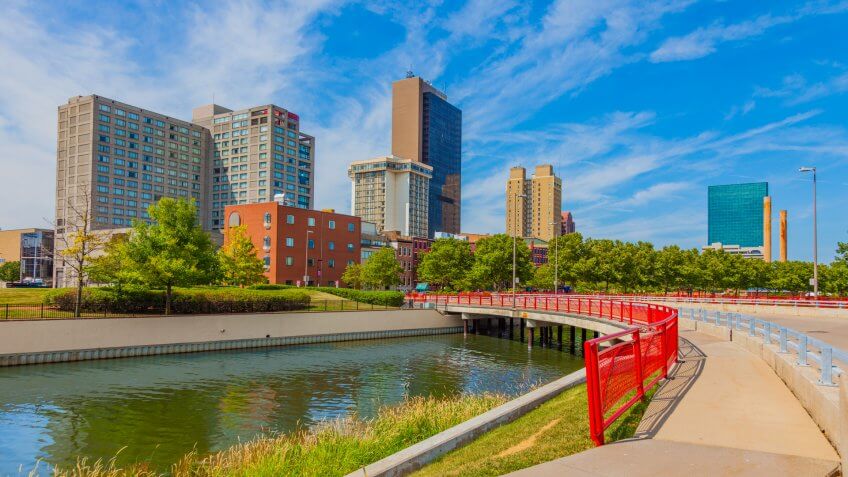 Toledo Ohio with Maumee River in spring
