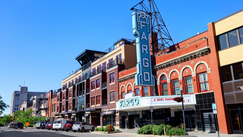 Fargo, North Dakota, USA - June 12, 2017: Daytime view of the Fargo Theatre along Broadway N in the Downtown Historic District.
