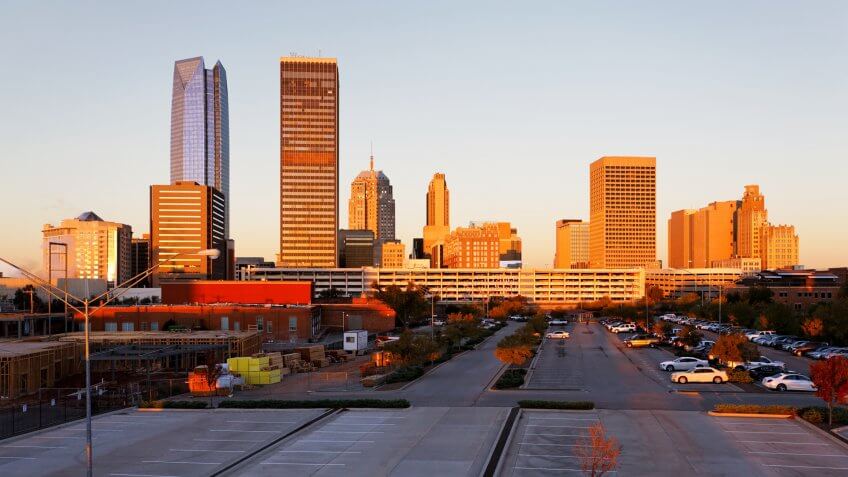 A view of the skyline of Oklahoma City at sunrise.