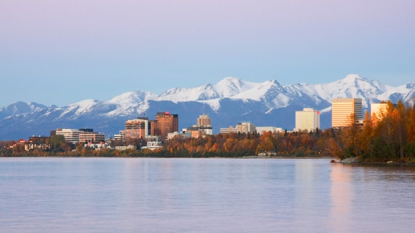 Evening view of Anchorage Alaska and Cook Inlet in the Fall.
