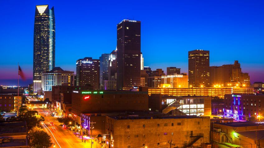 Downtown Oklahoma City at night.