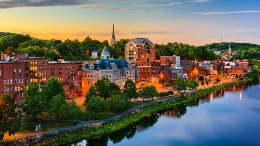 Augusta, Maine, USA downtown skyline on the Kennebec River.