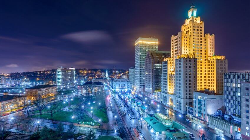 Providence, Rhode Island, USA cityscape at night.