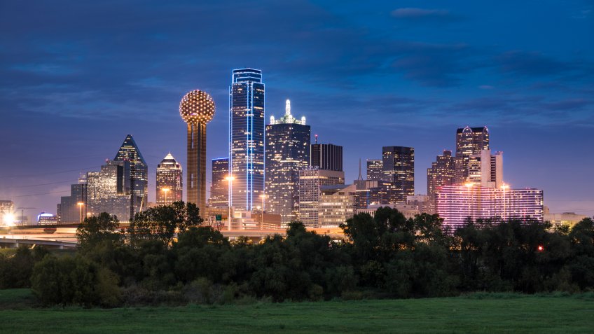 Dallas downtown cityscape at night in Texas USA.