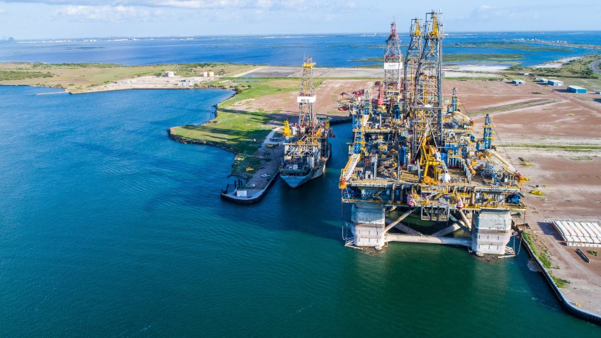 Construction of Oil Rig in Texas Gulf Coast aerial drone view of Deep Sea Off Shore Oil Rig used for Drilling Oil in the Gulf of Mexico , the Same type of Oil rig that caused the oil spill of Deep Sea Horizon.