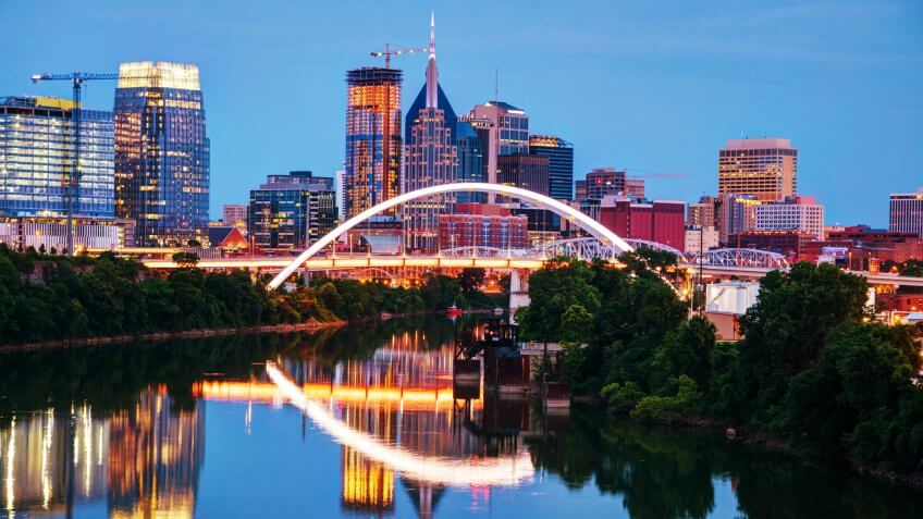 Downtown Nashville, Tennessee cityscape at night.