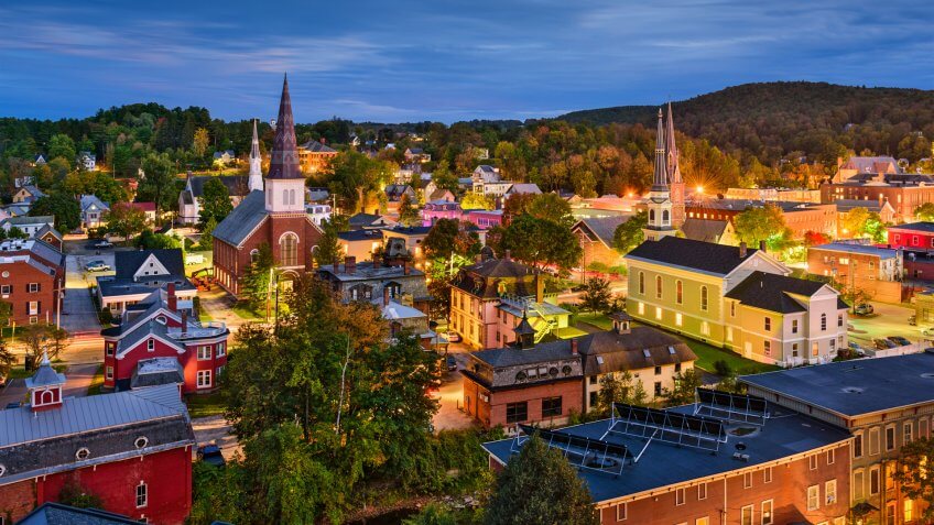 Montpelier, Vermont, USA town skyline at twilight.