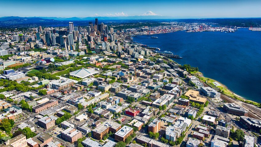 An aerial view of the downtown area and the surrounding neighborhoods of Seattle, Washington.