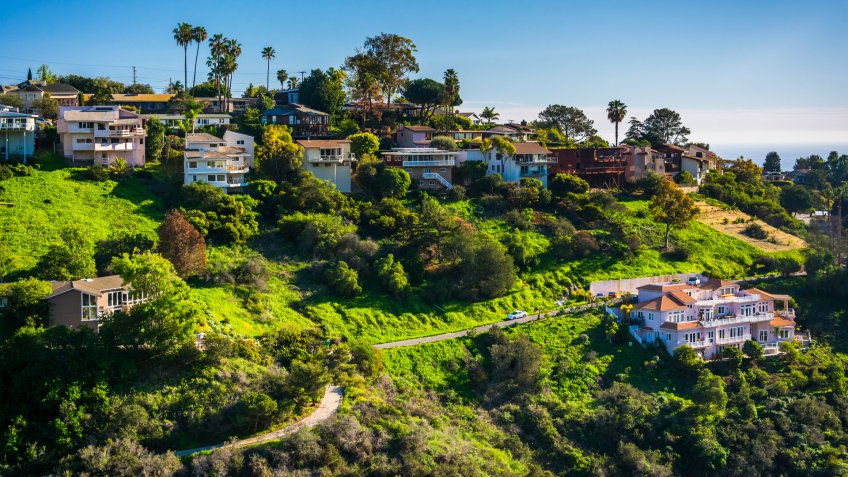 View of houses of a hillside in Laguna Beach, California.