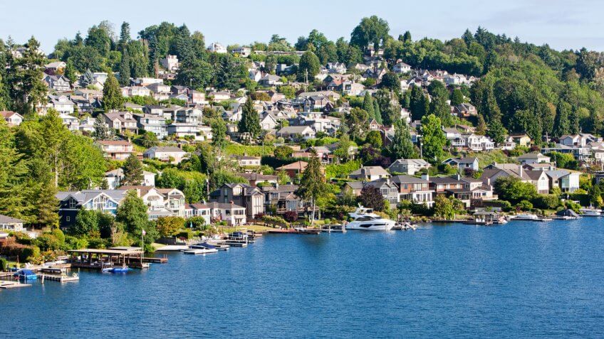 View from the I-90 Bridge of Mount Baker Neighborhood on Lake Washington in Seattle.