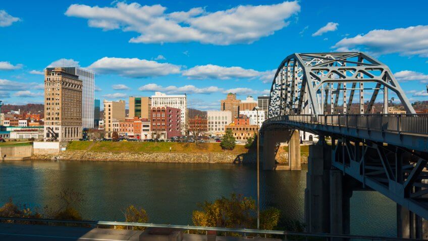 Charleston, West Virginia skyline, South Side Bridge, and the Kanawha River.