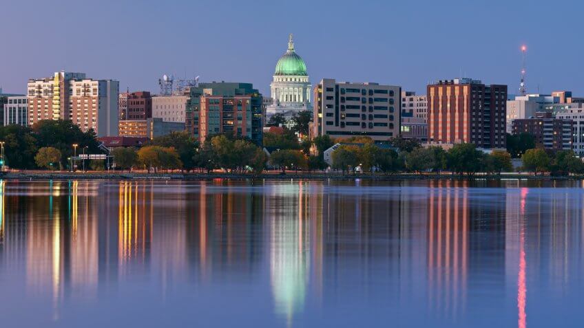 Panoramic image of Madison (Wisconsin) at twilight.