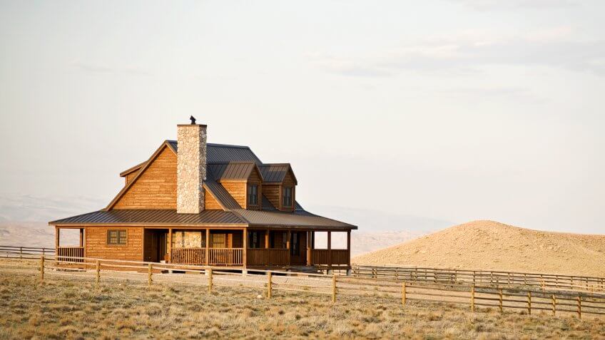 Ranch house newly constructed in late sun, rural midwest United States.