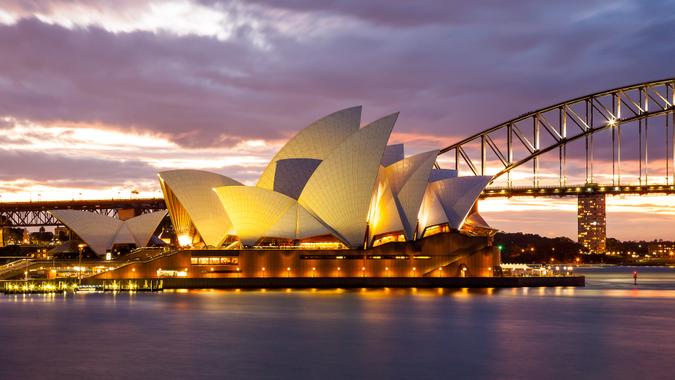 Sydney, Australia - July 11, 2010; Sydney Opera House and the Harbour Bridge at dusk.