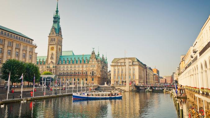 Hamburg town hall and Alster river.