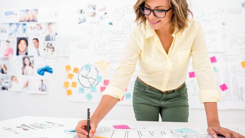 Woman in her 20s drawing a creative business plan at the office.
