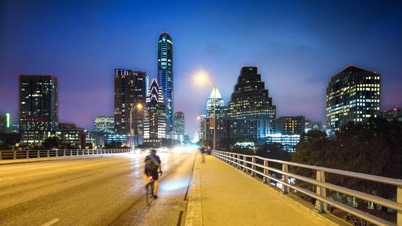Austin panorama at night on Congess avenue bridge.