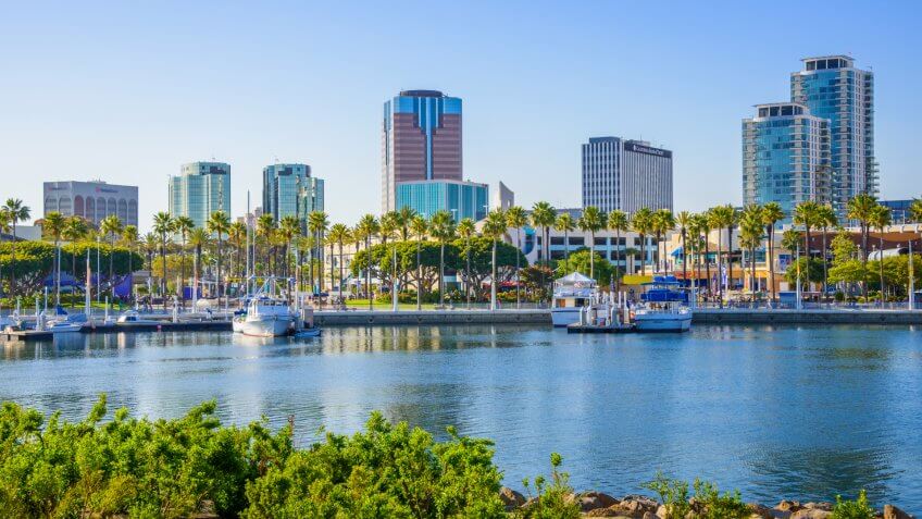Long Beach California ShoreLine Aquatic Park, waterfront and skyline.