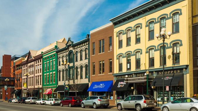 Lexington, United States - November 11, 2012: Victorian Square shoppes on the right and other classic victorian styled buildings on the left.