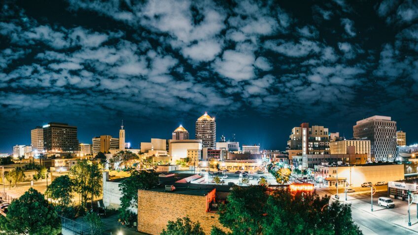 Panoramic image of Albuquerque Skyline at Night.