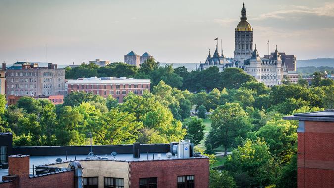 Connecticut View of buildings and the Connecticut State Capitol Building in Hartford, Connecticut.