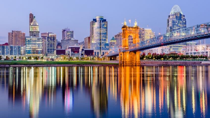 Cincinnati, Ohio, USA downtown skyline on the Ohio River.