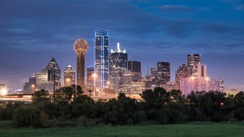 Dallas downtown cityscape at night in Texas USA.