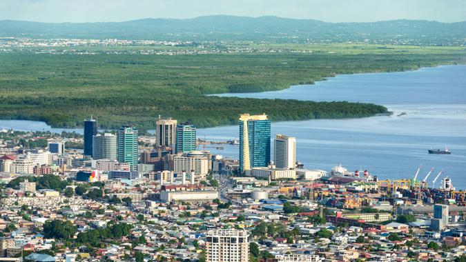 View from above of Skyline downtown Port of Spain city.