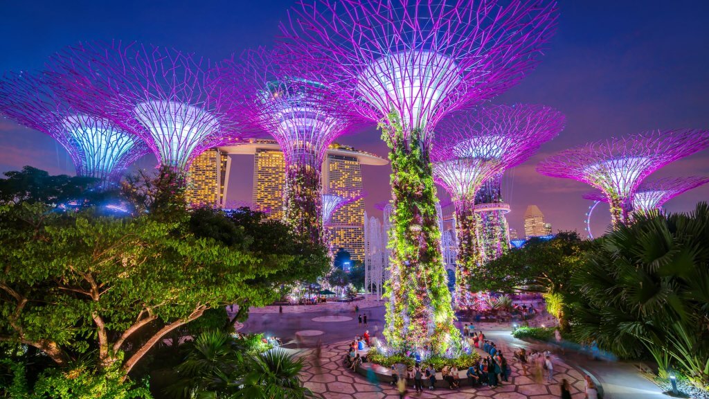 Singapore, Singapore - November 4, 2016: Illuminated Supertrees and Skywalk in Gardens by the bay in Singapore at night.