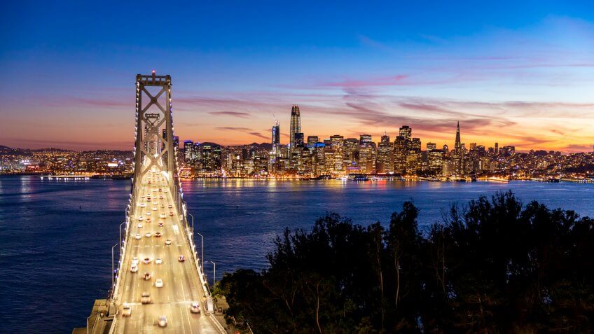 Looking from Treasure Island towards San Francisco with the Bay Bridge in the foreground.